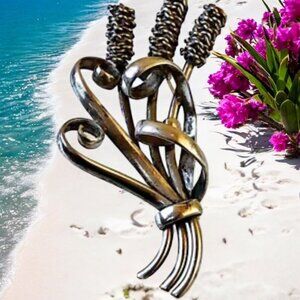 Sterling Silver Vintage Brooch Cattails Bulrush Reed Plant Signed ss grams